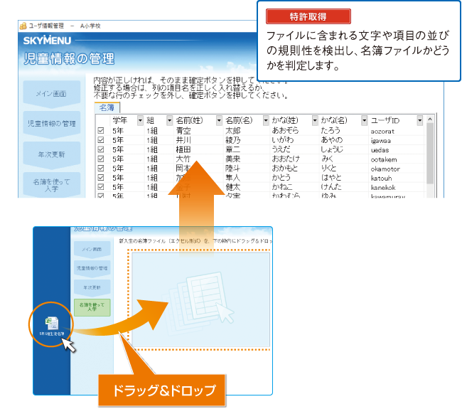 ドラッグ＆ドロップによる登録、進級処理イメージ図