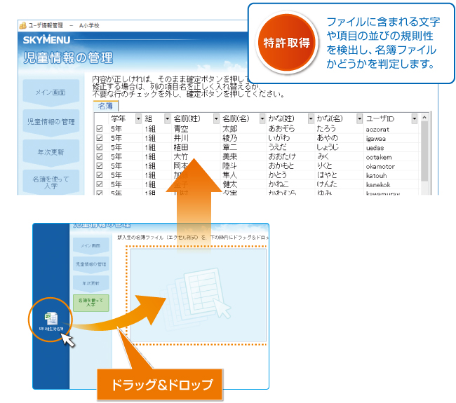 ドラッグ&ドロップによる登録、進級処理イメージ図